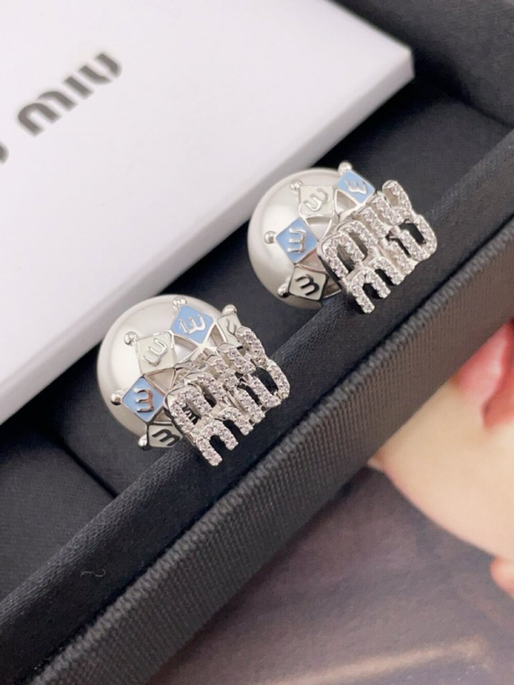 Miu Miu Pearl Stud Earrings with Crystal Miu Letter Drops & Enamel Charms